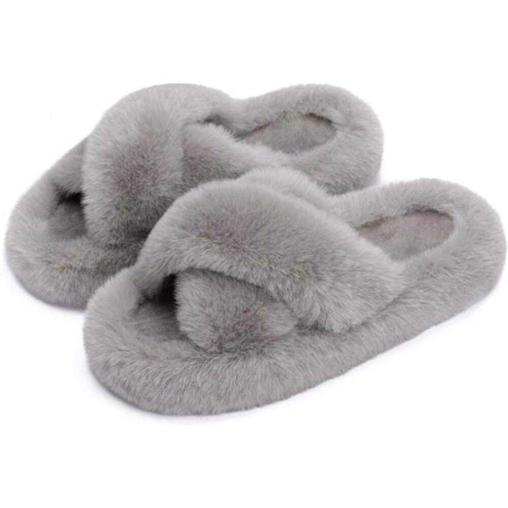 Women's Fuzzy Memory Foam Bedroom Slippers, Grey Cross